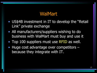 WalMart US$4B investment in IT to develop the “Retail Link” private exchange All manufacturers/suppliers wishing to do business with WalMart must buy and use it Top 100 suppliers must use  RFID  as well. Huge cost advantage over competitors – because they integrate with IT. 