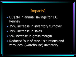 Impacts? US$2M in annual savings for J.C. Penney 35% increase in inventory turnover 19% increase in sales 5% increase in gross margin Reduced ‘out of stock’ situations and zero local (warehouse) inventory 
