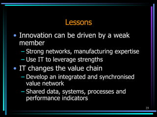 Lessons Innovation can be driven by a weak member Strong networks, manufacturing expertise Use IT to leverage strengths IT changes the value chain Develop an integrated and synchronised value network Shared data, systems, processes and performance indicators 