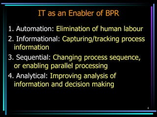 IT as an Enabler of BPR 1. Automation:  Elimination of human labour 2. Informational:  Capturing/tracking process information 3. Sequential:  Changing process sequence, or enabling parallel processing 4. Analytical:  Improving analysis of information and decision making 