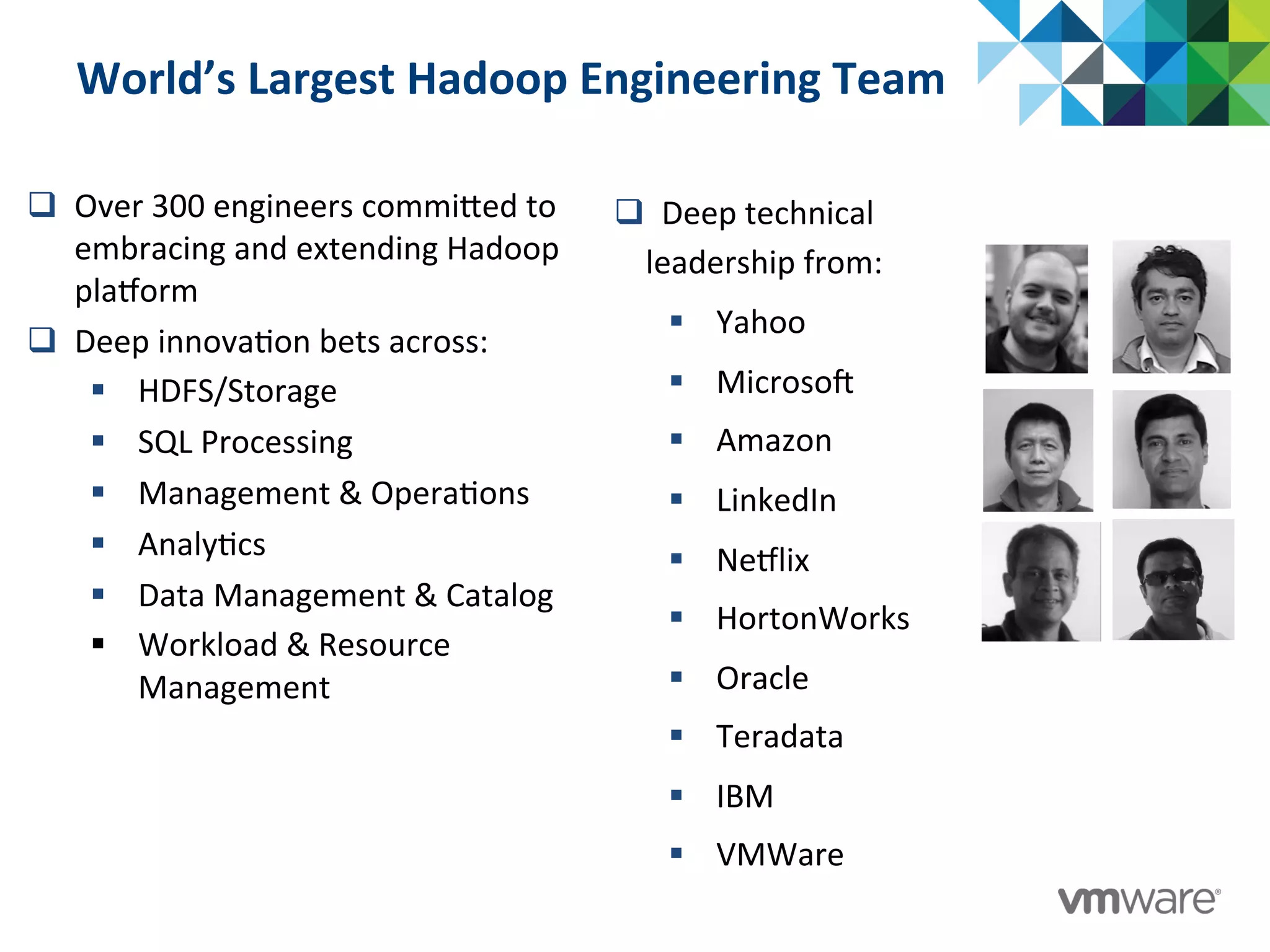World’s	
  Largest	
  Hadoop	
  Engineering	
  Team	
  
q  Over	
  300	
  engineers	
  commiTed	
  to	
  
embracing	
  and	
  extending	
  Hadoop	
  
plaborm	
  
q  Deep	
  innova:on	
  bets	
  across:	
  
§  HDFS/Storage	
  
§  SQL	
  Processing	
  
§  Management	
  &	
  Opera:ons	
  
§  Analy:cs	
  
§  Data	
  Management	
  &	
  Catalog	
  
§  Workload	
  &	
  Resource	
  
Management	
  
q  Deep	
  technical	
  	
  
leadership	
  from:	
  
§  Yahoo	
  
§  Microsof	
  
§  Amazon	
  
§  LinkedIn	
  
§  Neblix	
  
§  HortonWorks	
  
§  Oracle	
  
§  Teradata	
  
§  IBM	
  
§  VMWare	
  
 