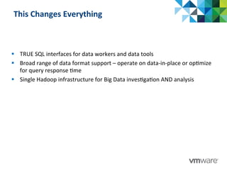 This	
  Changes	
  Everything	
  
§  TRUE	
  SQL	
  interfaces	
  for	
  data	
  workers	
  and	
  data	
  tools	
  
§  Broad	
  range	
  of	
  data	
  format	
  support	
  –	
  operate	
  on	
  data-­‐in-­‐place	
  or	
  op:mize	
  
for	
  query	
  response	
  :me	
  
§  Single	
  Hadoop	
  infrastructure	
  for	
  Big	
  Data	
  inves:ga:on	
  AND	
  analysis	
  
 