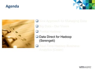 Agenda	
  
q New Approach for Managing Data
q Big Data - Our Vision
q Pivotal Hadoop
q Data Direct for Hadoop
(Serengeti)
q Real-Time Hadoop Business
Analytics (Cetas)
 