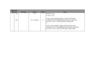 1MA0_2H
Question Working Answer Mark Notes
7* (a) 2.5 2 M1 for 15 ÷ 6 oe
A1 for 2.5 or 2
*(b) Yes + evidence 2
M1 for a correct method to change 15 miles into kilometres
C1(dep M1) for 24 km and statement with correct conclusion
[SC: B1 for “Yes” oe and 24 km shown if M0 scored]
or
M1 for a correct method to change 20 kilometres into miles
C1(dep M1) for 12.5 miles and statement with correct conclusion
[SC: B1 for “Yes” oe and 12.5 miles shown if M0 scored]
 
