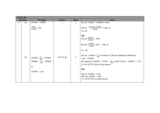 1MA0_2H
Question Working Answer Mark Notes
16 (a) 154500 – 150000
× 100
3 3 M1 for 154500 – 150000 or 4500
M1 for 100 oe
A1 cao
OR
M1 for (× 100)
M1 for “ × 100 “ − 100 oe
A1 cao
(b) 154500 × + 154500
160680 × + 160680
or
154500 × 1.04²
167107.20 3
M1 for 154500 × or 6180 or 12360 or 160680 or 166860 or
1.04 × 154500
M1 (dep) for (154500 + ‘6180’) × or 6427.2(0) or ‘ 160680’ × 1.04
A1 for 167107.2(0) as final answer
OR
M2 for 154500 × 1.04²
(M1 for 154500 × 1.04)
A1 167107.2(0) as final answer
 