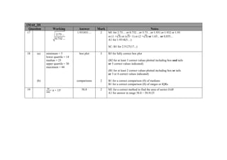 1MA0_2H
Question Working Answer Mark Notes
17
2.73 …
0.732 …
1.931851… 2 M1 for 2.73… or 0.732…or 3.73…or 1.931 or 1.932 or 1.93
or (1 +√3) or (√3− 1) or (2 +√3) or 1.65... or 0.855...
A1 for 1.9318(5…)
SC: B1 for 2.5127(17...)
18 (a) minimum = 5
lower quartile = 14
median = 25
upper quartile = 30
maximum = 44
box plot 3 B3 for fully correct box plot
(B2 for at least 3 correct values plotted including box and tails
or 5 correct values indicated)
(B1 for at least 2 correct values plotted including box or tails
or 3 or 4 correct values indicated)
(b) comparisons 2 B1 for a correct comparison (ft) of medians
B1 for a correct comparison (ft) of ranges or IQRs
19 × π × 15² 58.8 2 M1 for a correct method to find the area of sector OAB
A1 for answer in range 58.8 − 58.9125
 