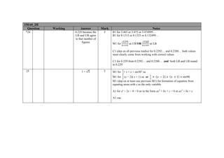 1MA0_2H
Question Working Answer Mark Notes
*24 0.229 because the
LB and UB agree
to that number of
figures
5 B1 for 3.465 or 3.475 or 3.474999…
B1 for 8.1315 or 8.1325 or 8.132499…
M1 for
√ .
.
as UB OR
√ .
.
as LB
C1 (dep on all previous marks) for 0.2292… and 0.2288… both values
must clearly come from working with correct values
C1 for 0.229 from 0.2292… and 0.2288… and ‘both LB and UB round
to 0.229’
25 1 + √5 5 M1 for × x × x × sin30° oe
M1 for (x − 2)( x + 1) oe or 2 1 sin90
M1 (dep on at least one previous M1) for formation of equation from
equating areas with x as the only variable
A1 for x² − 2x − 4 = 0 oe in the form ax2
+ bx + c = 0 or ax2
+ bx = c
A1 cao
 