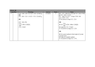 1MA0_2H
Question
7

Working

Answer

Mark

Notes

17.8 ÷ 160 × 210 = 0.11125 × 210 = 23.3625 g
OR
210 ÷ 160 × 17.8 = 1.3125 × 17.8 = 23.3625 g

23.3(625)

3

OR

M1 17.8 ÷ 160 (=0.11125) or 17.8 × 210 (=3738)
or 210 ÷ 160 (=1.3125)
M1 (dep) ‘0.11125’ × 210 or ‘3738’÷160
or ‘1.3125’× 17.8
A1 for answer in range 23.3 - 23.4

210 − 160 (=50)

OR

17.8
× '50 '(= 5.5625)
160

M1 for

17.8 + 5.5625

17.8
× (210 − 160) (= 5.5625)
160

M1 (dep) for 17.8 + '5.5625'
A1 for answer in range 23.3 - 23.4
OR
M1 for correct method to find weight of 2 cm or
5 cm or 10 cm
M1 (dep) for complete method
A1 for answer in range 23.3 - 23.4

 