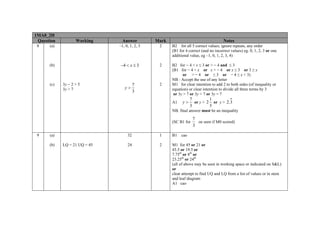 1MA0_2H
Question

Answer

Mark

(a)

–1, 0, 1, 2, 3

2

B2 for all 5 corre values; ignore repeats, any orde
B
ect
e
er
(B1 for 4 correct (
(and no incorrect v
values) eg. 0, 1, 2, 3 or one
additional value, e –1, 0, 1, 2, 3, 4)
a
eg
)

(b)

8

−4 < x ≤ 3

2

B2
B for − 4 < x ≤ 3 or > − 4 and ≤ 3
(B1 for − 4 < x or x > − 4 or x ≤ 3 or 3 ≥ x
or > − 4 or ≤ 3 or − 4 ≤ x < 3)
NB
N : Accept the use of any letter
M1
M for clear intention to add 2 to b
both sides (of ineq
quality or
equation) or clear intention to divid all three terms b 3
e
de
by
or
o 3y > 7 or 3y < 7 or 3y = 7

(c)

Work
king

3y − 2 > 5
3y > 7

y>

7
3

2

Note
es

A1
A

y>

•
7
1
or y > 2 or y > 2.3
3
3
3

NB.
N final answer m
must be an inequa
ality
(SC B1 for
9

(a)
(b)

7
oe seen if M0 scored)
e
3

32
LQ = 21 UQ = 45

1

B1
B

cao

24

2

M1
M for 45 or 21 o
or
43.5 or 19.5 or
4
7.75
7 th or 8th or
23.25th or 24th
2
(all of above may be seen in workin space or indica on S&L)
ng
ated
or
o
clear attempt to fin UQ and LQ fro a list of values or in stem
c
nd
om
s
and
a leaf diagram
A1
A cao

 