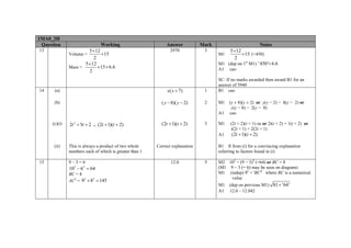 1MA0_2H
Question
13

Working

5 ×12
×15
2
5 ×12
×15 × 6.6
Mass =
2
Volume =

Answer

Mark

2970

3

Notes

5 ×12
×15 (=450)
2
M1 (dep on 1st M1) ' 450 '× 6.6

M1
A1

cao

(a)

x( x + 7)

1

(b)

14

SC: If no marks awarded then award B1 for an
answer of 5940
B1 cao

( y − 8)( y − 2)

2

M1
A1

(c)(i)

2t 2 + 5t + 2 = (2t + 1)(t + 2)

(2t + 1)(t + 2)

3

M1
A1

(ii)
15

This is always a product of two whole
numbers each of which is greater than 1
9–3=6

102 − 62 = 64
BC = 8
AC2 = 92 + 82 = 145

Correct explanation
12.0

(y ± 8)(y ± 2) or y(y − 2) − 8(y − 2) or
y(y − 8) − 2(y − 8)
cao
(2t + 2)(t + 1) oe or 2t(t + 2) + 1(t + 2) or
t(2t + 1) + 2(2t + 1)

(2t + 1)(t + 2)

B1 ft from (i) for a convincing explanation
referring to factors found in (i)
5

M2 102 − (9 − 3)2 (=64) or BC = 8
(M1 9 − 3 (= 6) may be seen on diagram)
M1 (indep) 92 + 'BC'2 where BC is a numerical
value
M1
A1

(dep on previous M1) 81 + '64'
12.0 – 12.042

 