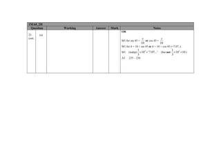 1MA0_2H
Question

Working

Answer

Mark

Notes
OR

23
cont.

(a)
M1 for sin 45 =

x
x
or cos 45 =
10
10

M1 for h = 10 × sin 45 or h = 10 × cos 45 (=7.07..)

1
3

M1

(indep) ×102 × '7.07...'

A1

235 – 236

(but not

1
×102 ×10 )
3

 