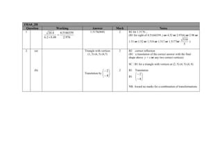 1MA0_2H
Question
1

Working
4.5166359
20.4
=
2.976
6.2 × 0.48

Answer

Mark

Notes

1.5176(868)

2

B2 for 1.5176…
(B1 for sight of 4.51(66359..) or 4.52 or 2.97(6) or 2.98 or
1.51 or 1.52 or 1.518 or 1.517 or 1.5177or

2

(a)

Triangle with vertices
(1, 5) (4, 5) (4,7)

2

510
)
5

B2 correct reflection
(B1 a translation of the correct answer with the final
shape above y = x or any two correct vertices)
SC : B1 for a triangle with vertices at (2, 5) (4, 5) (4, 8)

(b)

⎛ − 2⎞
⎟
⎟
⎝ − 4⎠

Translation by ⎜
⎜

2

B1

Translation

B1

⎛ − 2⎞
⎜ ⎟
⎜ − 4⎟
⎝ ⎠

NB. Award no marks for a combination of transformations

 