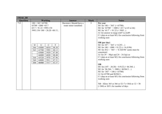 1MA0_2H
 Question             Working                       Answer              Mark                          Notes
*15         180 × 365 =65700                 Decision ( Should have a    5     Per year
            65700 ÷1000 =65.7                 water meter installed)           M1 for 180 × ‘365’ (= 65700)
            65.7 × 91.22 =5993.154                                             M1 for ‘65700’ ÷ 1000 (= 65.7 or 65 or 66)
            5993.154÷100 + 28.20 =88.13...                                     M1 for ‘65.7’ × 91.22 (= 5993...)
                                                                               A1 for answer in range (£)87 to (£)89
                                                                               C1 (dep on at least M1) for conclusion following from
                                                                               working seen

                                                                               OR (per day)
              D      U       C       T                                         M1 for 107 ÷ ‘365’ (= 0.293…)
             366   65880   6010    88.30                                       M1 for 180 ÷ 1000 × 91.22 (= 16.4196)
             365   65700   5993    88.13                                       M1 for 28.2 ÷ ‘365’ + ‘0.164196’ (units must be
                   65000   5929    87.49                                       consistent)
                   66000   6020    88.40                                       A1 for 29 – 30(p) and 24 – 24.3(p) oe
             364   65520   5976    87.96                                       C1 (dep on at least M1) for conclusion following from
             360   64800   5911    87.31                                       working seen
             336   60480   5517    83.37
                                                                               OR
                                                                               M1 for (107 – 28.20) ÷ 0.9122 (= 86.384..)
                                                                               M1 for ‘86.384..’× 1000 (= 86384.5…)
                                                                               M1 for ‘365’ × 180 (= 65700)
                                                                               A1 for 65700 and 86384.5...
                                                                               C1 (dep on at least M1) for conclusion following from
                                                                               working seen

                                                                               NB : Allow 365 or 366 or 52×7 (=364) or 12 × 30
                                                                               (=360) or 365¼ for number of days
 