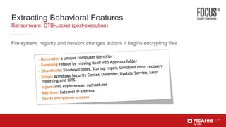 21
Extracting Behavioral Features
File system, registry and network changes actions it begins encrypting files
Ransomware: CTB-Locker (post-execution)
 