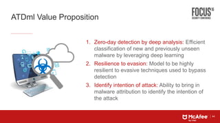 44
ATDml Value Proposition
1. Zero-day detection by deep analysis: Efficient
classification of new and previously unseen
malware by leveraging deep learning
2. Resilience to evasion: Model to be highly
resilient to evasive techniques used to bypass
detection
3. Identify intention of attack: Ability to bring in
malware attribution to identify the intention of
the attack
 