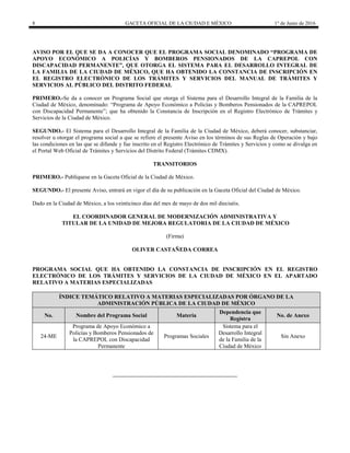 8 GACETA OFICIAL DE LA CIUDAD E MÉXICO 1° de Junio de 2016
AVISO POR EL QUE SE DA A CONOCER QUE EL PROGRAMA SOCIAL DENOMINADO “PROGRAMA DE
APOYO ECONÓMICO A POLICÍAS Y BOMBEROS PENSIONADOS DE LA CAPREPOL CON
DISCAPACIDAD PERMANENTE”, QUE OTORGA EL SISTEMA PARA EL DESARROLLO INTEGRAL DE
LA FAMILIA DE LA CIUDAD DE MÉXICO, QUE HA OBTENIDO LA CONSTANCIA DE INSCRIPCIÓN EN
EL REGISTRO ELECTRÓNICO DE LOS TRÁMITES Y SERVICIOS DEL MANUAL DE TRÁMITES Y
SERVICIOS AL PÚBLICO DEL DISTRITO FEDERAL
PRIMERO.-Se da a conocer un Programa Social que otorga el Sistema para el Desarrollo Integral de la Familia de la
Ciudad de México, denominado: “Programa de Apoyo Económico a Policías y Bomberos Pensionados de la CAPREPOL
con Discapacidad Permanente”; que ha obtenido la Constancia de Inscripción en el Registro Electrónico de Trámites y
Servicios de la Ciudad de México.
SEGUNDO.- El Sistema para el Desarrollo Integral de la Familia de la Ciudad de México, deberá conocer, substanciar,
resolver u otorgar el programa social a que se refiere el presente Aviso en los términos de sus Reglas de Operación y bajo
las condiciones en las que se difunde y fue inscrito en el Registro Electrónico de Trámites y Servicios y como se divulga en
el Portal Web Oficial de Trámites y Servicios del Distrito Federal (Trámites CDMX).
TRANSITORIOS
PRIMERO.- Publíquese en la Gaceta Oficial de la Ciudad de México.
SEGUNDO.- El presente Aviso, entrará en vigor el día de su publicación en la Gaceta Oficial del Ciudad de México.
Dado en la Ciudad de México, a los veinticinco días del mes de mayo de dos mil dieciséis.
EL COORDINADOR GENERAL DE MODERNIZACIÓN ADMINISTRATIVA Y
TITULAR DE LA UNIDAD DE MEJORA REGULATORIA DE LA CIUDAD DE MÉXICO
(Firma)
OLIVER CASTAÑEDA CORREA
PROGRAMA SOCIAL QUE HA OBTENIDO LA CONSTANCIA DE INSCRIPCIÓN EN EL REGISTRO
ELECTRÓNICO DE LOS TRÁMITES Y SERVICIOS DE LA CIUDAD DE MÉXICO EN EL APARTADO
RELATIVO A MATERIAS ESPECIALIZADAS
ÍNDICE TEMÁTICO RELATIVO A MATERIAS ESPECIALIZADAS POR ÓRGANO DE LA
ADMINISTRACIÓN PÚBLICA DE LA CIUDAD DE MÉXICO
No. Nombre del Programa Social Materia
Dependencia que
Registra
No. de Anexo
24-ME
Programa de Apoyo Económico a
Policías y Bomberos Pensionados de
la CAPREPOL con Discapacidad
Permanente
Programas Sociales
Sistema para el
Desarrollo Integral
de la Familia de la
Ciudad de México
Sin Anexo
 
