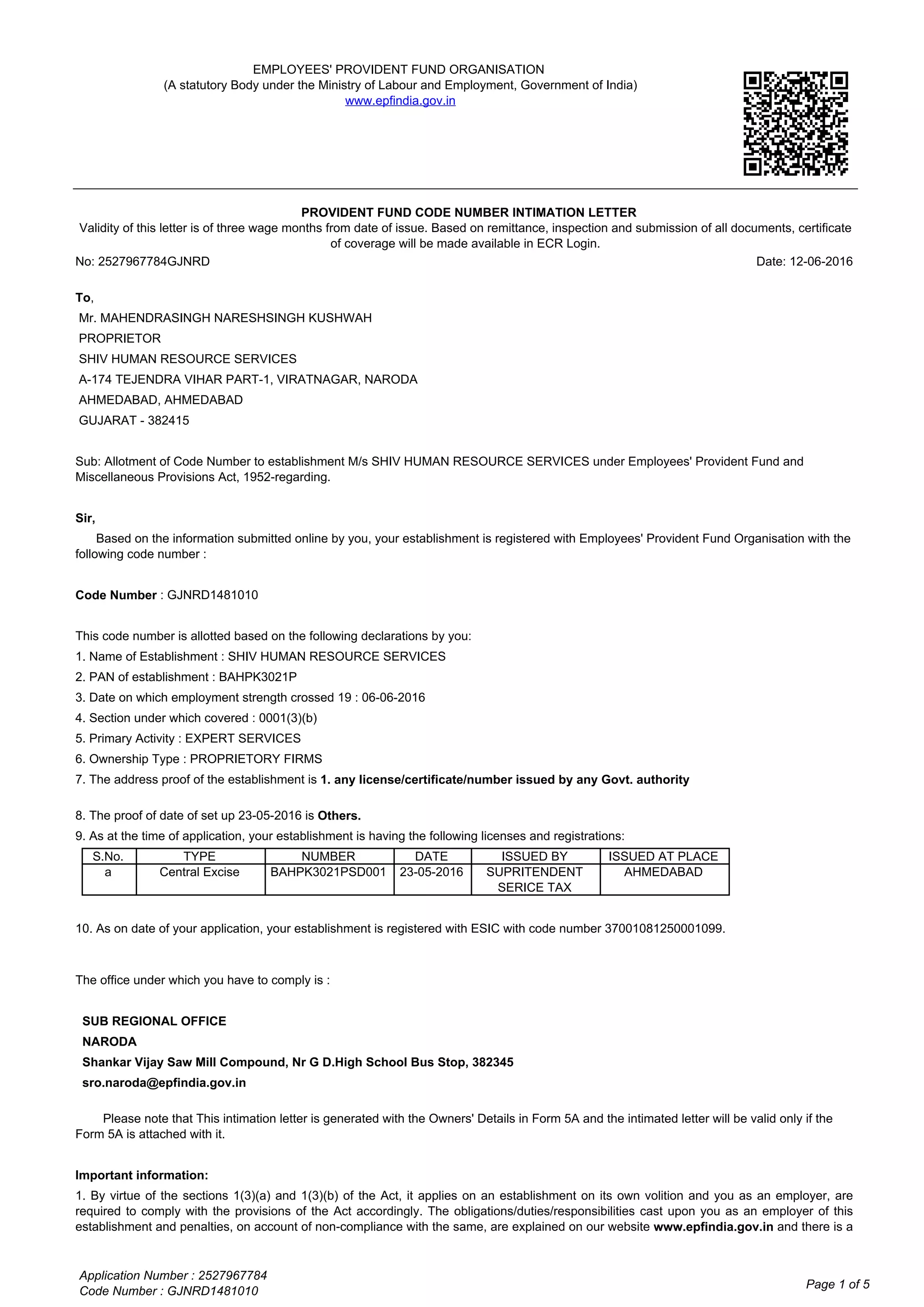 Pf Code Intimation Letter 5@ GJNRD1481010000_shiv p.f. code | PDF