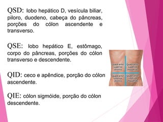 QSD: lobo hepático D, vesícula biliar,
piloro, duodeno, cabeça do pâncreas,
porções do cólon ascendente e
transverso.
QSE: lobo hepático E, estômago,
corpo do pâncreas, porções do cólon
transverso e descendente.
QID: ceco e apêndice, porção do cólon
ascendente.
QIE: cólon sigmóide, porção do cólon
descendente.
 