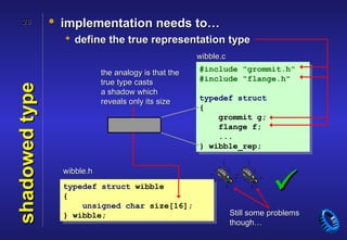 26          • implementation needs to…
                   define the true representation type
                                                       wibble.c

                             the analogy is that the   #include "grommit.h"
                             true type casts           #include "flange.h"
shadowed type


                             a shadow which
                             reveals only its size     typedef struct
                                                       {
                                                           grommit g;
                                                           flange f;
                                                           ...
                                                       } wibble_rep;


                  wibble.h
                  typedef struct wibble
                  {
                      unsigned char size[16];
                                                                             
                  } wibble;                                       Still some problems
                                                                  though…
 