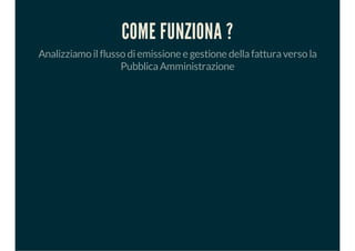 COME FUNZIONA ?
Analizziamo ilflusso diemissione e gestione dellafatturaverso la
PubblicaAmministrazione
 
