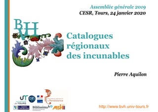 http://www.bvh.univ-tours.fr
Catalogues
régionaux
des incunables
Assemblée générale 2019
CESR, Tours, 24 janvier 2020
Pierre Aquilon
 