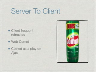 Server To Client
Client frequent
refreshes

Web Comet

Coined as a play on
Ajax

 