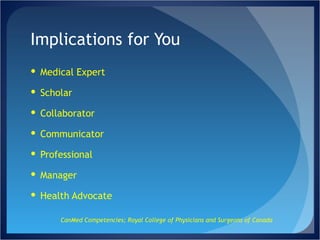 Implications for You Medical Expert Scholar Collaborator Communicator Professional Manager Health Advocate CanMed Competencies; Royal College of Physicians and Surgeons of Canada 