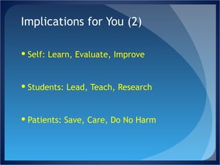Implications for You (2) Self: Learn, Evaluate, Improve Students: Lead, Teach, Research Patients: Save, Care, Do No Harm 