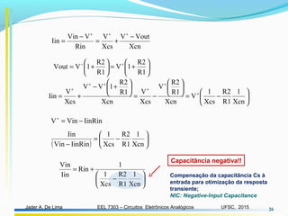 EEL 7303 – Circuitos Eletrônicos AnalógicosJader A. De Lima UFSC, 2015 26
Xcn
VoutV
Xcs
V
Rin
VVin
Iin
−
+=
−
=
+++






+=





+= +−
R1
R2
1V
R1
R2
1VVout






−=






−=






+−
+= +
+
+
++
+
Xcn
1
R1
R2
Xcs
1
V
Xcn
R1
R2
V
Xcs
V
Xcn
R1
R2
1VV
Xcs
V
Iin
IinRinVinV −=+
( )






−=
− Xcn
1
R1
R2
Xcs
1
IinRinVin
Iin






−
+=
Xcn
1
R1
R2
Xcs
1
1
Rin
Iin
Vin
Capacitância negativa!!
Compensação da capacitância Cs à
entrada para otimização da resposta
transiente;
NIC: Negative-Input Capacitance
 