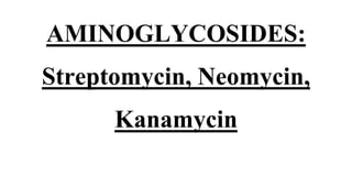 AMINOGLYCOSIDES:
Streptomycin, Neomycin,
Kanamycin
 
