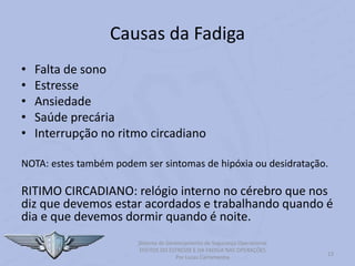 Causas da Fadiga
• Falta de sono
• Estresse
• Ansiedade
• Saúde precária
• Interrupção no ritmo circadiano
NOTA: estes também podem ser sintomas de hipóxia ou desidratação.
RITIMO CIRCADIANO: relógio interno no cérebro que nos
diz que devemos estar acordados e trabalhando quando é
dia e que devemos dormir quando é noite.
Sistema de Gerenciamento de Segurança Operacional
EFEITOS DO ESTRESSE E DA FADIGA NAS OPERAÇÕES
Por Lucas Carramenha
13
 