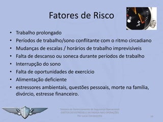 14
Sistema de Gerenciamento de Segurança Operacional
EFEITOS DO ESTRESSE E DA FADIGA NAS OPERAÇÕES
Por Lucas Carramenha
Fatores de Risco
• Trabalho prolongado
• Períodos de trabalho/sono conflitante com o ritmo circadiano
• Mudanças de escalas / horários de trabalho imprevisíveis
• Falta de descanso ou soneca durante períodos de trabalho
• Interrupção do sono
• Falta de oportunidades de exercício
• Alimentação deficiente
• estressores ambientais, questões pessoais, morte na família,
divórcio, estresse financeiro.
 