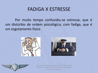 FADIGA X ESTRESSE
Por muito tempo confundiu-se estresse, que é
um distúrbio de ordem psicológica, com fadiga, que é
um esgotamento físico
3
Sistema de Gerenciamento de Segurança Operacional
EFEITOS DO ESTRESSE E DA FADIGA NAS OPERAÇÕES
Por Lucas Carramenha
 