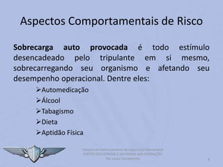 8
Sistema de Gerenciamento de Segurança Operacional
EFEITOS DO ESTRESSE E DA FADIGA NAS OPERAÇÕES
Por Lucas Carramenha
Aspectos Comportamentais de Risco
Sobrecarga auto provocada é todo estímulo
desencadeado pelo tripulante em si mesmo,
sobrecarregando seu organismo e afetando seu
desempenho operacional. Dentre eles:
Automedicação
Álcool
Tabagismo
Dieta
Aptidão Física
 