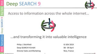 1 © 2019 Deep SEARCH 9 GmbH1http://deepsearchnine.com
Deep SEARCH 9
Access to information across the whole internet…
…and transforming it into valuable intelligence
Philip J. Ditchfield
Deep SEARCH 9 GmbH
Director Sales and Marketing
IC-SDV 2019
08 - 09 April
Nice, France
 