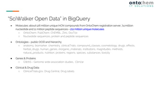 ● Molecules: about 126 million unique InChI compounds from OntoChem registration server, 74 million
nucleotide and 11 million peptide sequences = 211 million unique molecules
○ OntoChem, PubChem, ChEMBL, Zinc, DssTox
○ Nucleotide sequences, protein and peptide sequences
● Ontologies - public OCID and hierarchy
○ anatomy, biomarker, chemistry, clinicalTrials, compound_classes, cosmetology, drugs, effects,
herbal_drugs, human_genes, inorganic_materials, institutions, magnitudes, methods,
natural_products, nutrition, proteins, regions, species, substances, toxicity
● Genes & Proteins
○ GWAS - Genome wide association studies, ClinVar
● Clinical & Drug Data
○ ClinicalTrials.gov, Drug Central, Drug labels
“SciWalker Open Data” in BigQuery
 