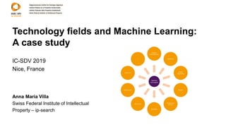 Technology fields and Machine Learning:
A case study
IC-SDV 2019
Nice, France
Anna Maria Villa
Swiss Federal Institute of Intellectual
Property – ip-search
Machine
Learning/AI
Additive
Manufacturing
Biopharma
Protein
Engineering
Robotics
Autonomous
Driving
Wearables
Blockchain
Data Security
Smart City
?
 
