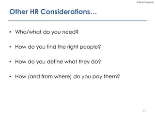 © Norm Tasevski
Other HR Considerations…
• Who/what do you need?
• How do you find the right people?
• How do you define w...