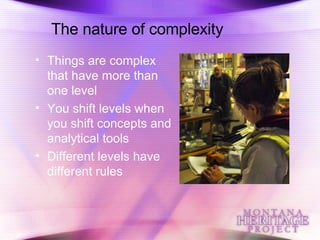 The nature of complexity Things are complex that have more than one level You shift levels when you shift concepts and analytical tools Different levels have different rules 