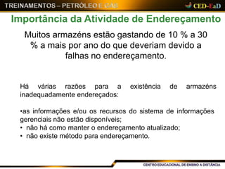 Muitos armazéns estão gastando de 10 % a 30
% a mais por ano do que deveriam devido a
falhas no endereçamento.
Importância da Atividade de Endereçamento
existência de armazénsHá várias razões para a
inadequadamente endereçados:
•as informações e/ou os recursos do sistema de informações
gerenciais não estão disponíveis;
• não há como manter o endereçamento atualizado;
• não existe método para endereçamento.
 