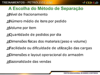 A Escolha do Método de Separação
Nível de fracionamento
Número médio de itens por pedido
Volume por item
Quantidade de pedidos por dia
Dimensões físicas dos materiais(peso e volume)
Facilidade ou dificuldade de utilização das cargas
Dimensões e layout operacional do armazém
Sazonalidade das vendas
 