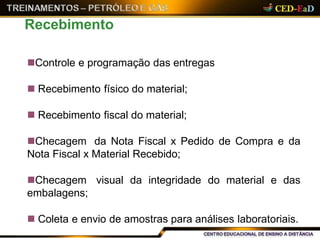 Recebimento
Controle e programação das entregas
 Recebimento físico do material;
 Recebimento fiscal do material;
Checagem da Nota Fiscal x Pedido de Compra e da
Nota Fiscal x Material Recebido;
Checagem visual da integridade do material e das
embalagens;
 Coleta e envio de amostras para análises laboratoriais.
 