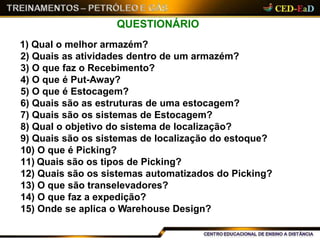 QUESTIONÁRIO
1) Qual o melhor armazém?
2) Quais as atividades dentro de um armazém?
3) O que faz o Recebimento?
4) O que é Put-Away?
5) O que é Estocagem?
6) Quais são as estruturas de uma estocagem?
7) Quais são os sistemas de Estocagem?
8) Qual o objetivo do sistema de localização?
9) Quais são os sistemas de localização do estoque?
10) O que é Picking?
11) Quais são os tipos de Picking?
12) Quais são os sistemas automatizados do Picking?
13) O que são transelevadores?
14) O que faz a expedição?
15) Onde se aplica o Warehouse Design?
 