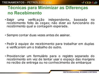Técnicas para Minimizar as Diferenças
no Recebimento
• Exigir uma verificação independente, baseada no
recebimento feito às cegas; não dizer ao funcionário do
recebimento qual a contagem esperada.
• Sempre contar duas vezes antes de assinar.
• Pedir à equipe de recebimento para trabalhar em duplas
e verificarem um o trabalho do outro.
• Providenciar um formulário para o registro separado do
recebimento em vez de tentar usar o espaço das margens
no recibo de entrega ou no conhecimento de embarque
 