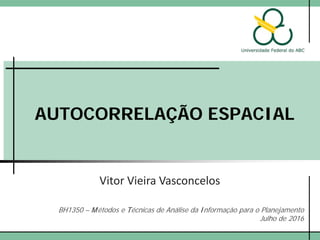AUTOCORRELAÇÃO ESPACIAL
Vitor Vieira Vasconcelos
Flávia da Fonseca Feitosa
BH1350 – Métodos e Técnicas de Análise da Informação para o Planejamento
Julho de 2017
 