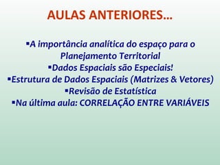 AULAS ANTERIORES…
A importância analítica do espaço para o
Planejamento Territorial
Estrutura de Dados Espaciais (Matrizes & Vetores)
Revisão de Estatística
Na última aula: CORRELAÇÃO ENTRE VARIÁVEIS
 