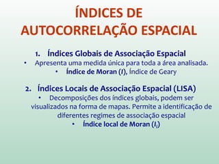 ÍNDICES DE
AUTOCORRELAÇÃO ESPACIAL
1. Índices Globais de Associação Espacial
• Apresenta uma medida única para toda a área analisada.
• Índice de Moran (I), Índice de Geary
2. Índices Locais de Associação Espacial (LISA)
• Decomposições dos índices globais, podem ser
visualizados na forma de mapas. Permite a identificação de
diferentes regimes de associação espacial
• Índice local de Moran (Ii)
 