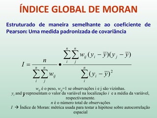 ÍNDICES DE AUTOCORRELAÇÃO ESPACIAL
EXTREMA AUTOCORRELAÇÃO NEGATIVA ARRANJO DISPERSO
INDEPENDÊNCIA ESPACIAL
AGRUPAMENTO ESPACIAL
EXTREMA
AUTOCORRELAÇÃO
ESPACIAL POSITIVA
VIZINHANÇA DO
TIPO “ROOK” (torre)
 