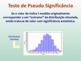 Teste de Pseudo Significância
No TESTE DE PSEUDO-SIGNIFICÂNCIA são geradas
diferentes permutações dos valores de atributos
associados às regiões.
Cada permutação produz um novo arranjo espacial,
onde os valores estão redistribuídos entre as áreas.
Como apenas um dos arranjos corresponde à
situação observada, pode-se construir uma
distribuição empírica de I.
 
