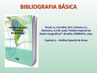 BIBLIOGRAFIA BÁSICA
Druck, S.; Carvalho, M.S.; Câmara, G.;
Monteiro, A.V.M. (eds) "Análise Espacial de
Dados Geográficos". Brasília, EMBRAPA, 2004.
Capítulo 5 – Análise Espacial de Áreas
 